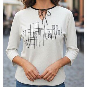K.D. Spring White 3/4 Sleeve Top  Abstract Black Geometric Design V-Neck  Large
